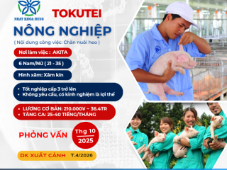 TUYỂN 6 NAM/NỮ TOKUTEI NÔNG NGHIỆP LƯƠNG CAO CÓ TĂNG CA